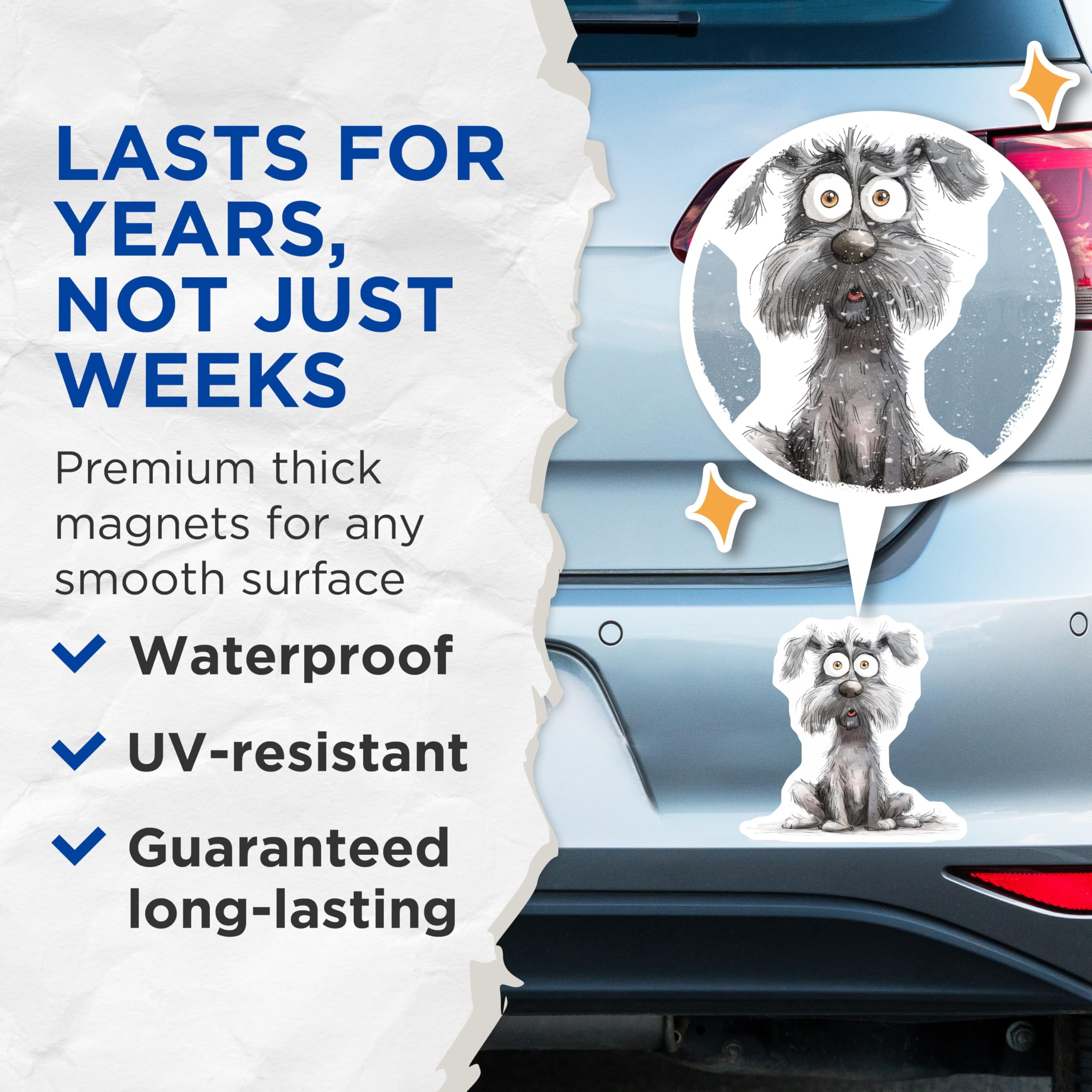(2 Pack) Shaggy Dog Magnets - Wide Eyed Canine Art - Funny Pet Refrigerator Decor - 5 Inches On Longest Side - Thick Durable Magnet - Made in USA - MAG23656