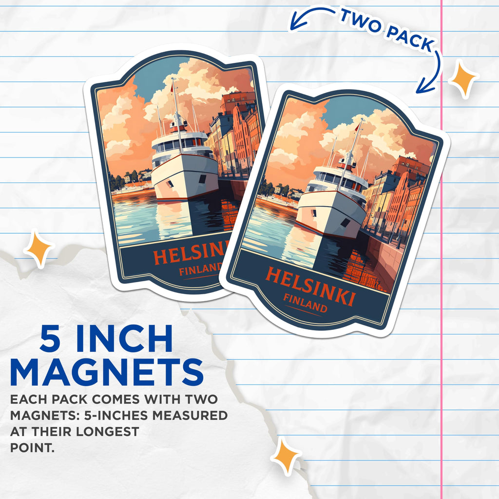 (2 Pack) Helsinki Finland Magnets - Travel Souvenir Magnet - Nordic Cityscape Art - Boat Harbor View - 5 Inches On Longest Side - Thick Durable Magnet - Made in USA - MAG21821