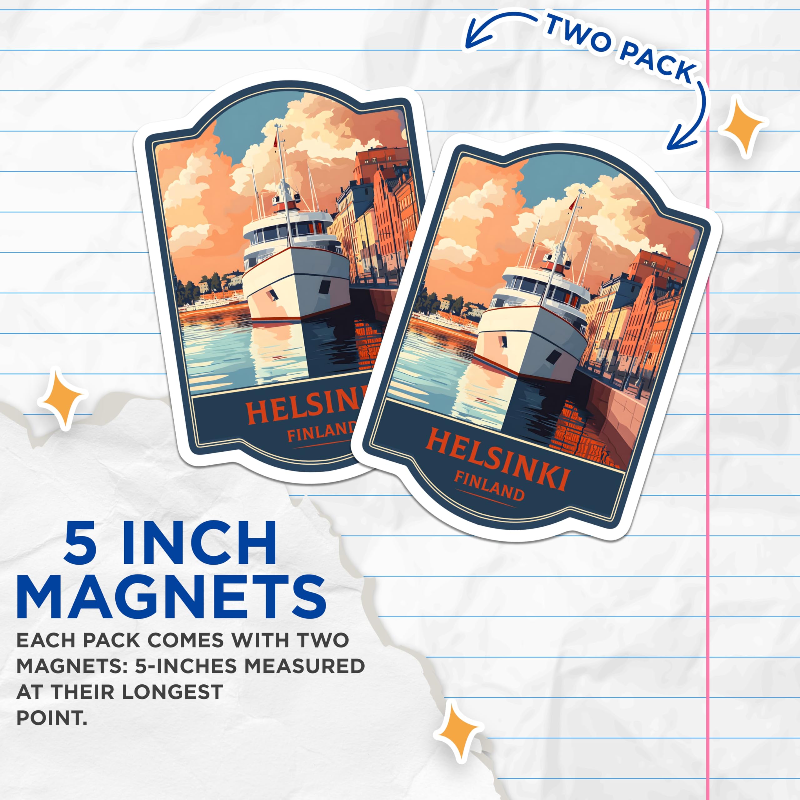(2 Pack) Helsinki Finland Magnets - Travel Souvenir Magnet - Nordic Cityscape Art - Boat Harbor View - 5 Inches On Longest Side - Thick Durable Magnet - Made in USA - MAG21821