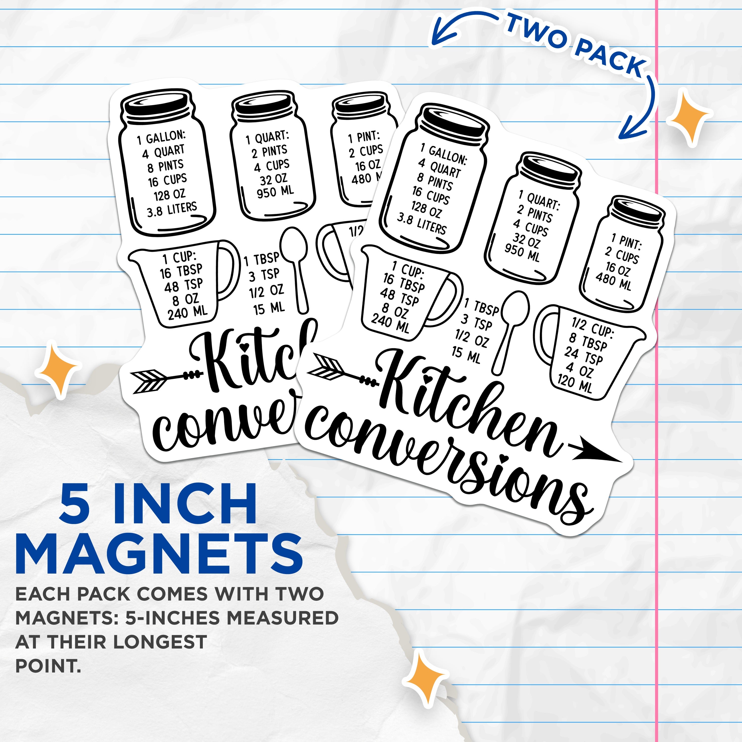 (2 Pack) Kitchen Conversions Magnets - Baking Measurement Chart - Cooking Guide Fridge Decor - 5 Inches On Longest Side - Thick Durable Magnet - Made in USA - MAG37373