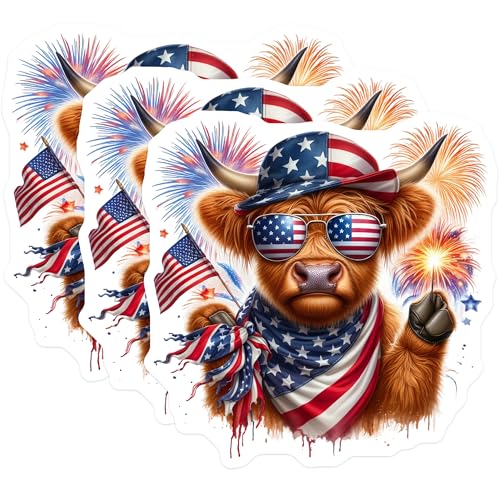 (3 Pack) Patriotic Cow Decals - American Flag - Laptop Decal - 4th July Decals- 3 Inches On Longest Side - Easy Peel & Apply - Made in USA - 3MCS5103