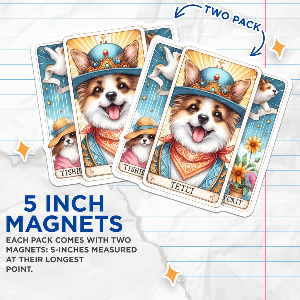 (2 Pack) Corgi Dog Magnets - Whimsical Canine Art - Royal Puppy Portrait - Tarot Card Pet Decor - Fridge Accessories - 5 Inches On Longest Side - Thick Durable Magnet - Made in USA - MAG20866