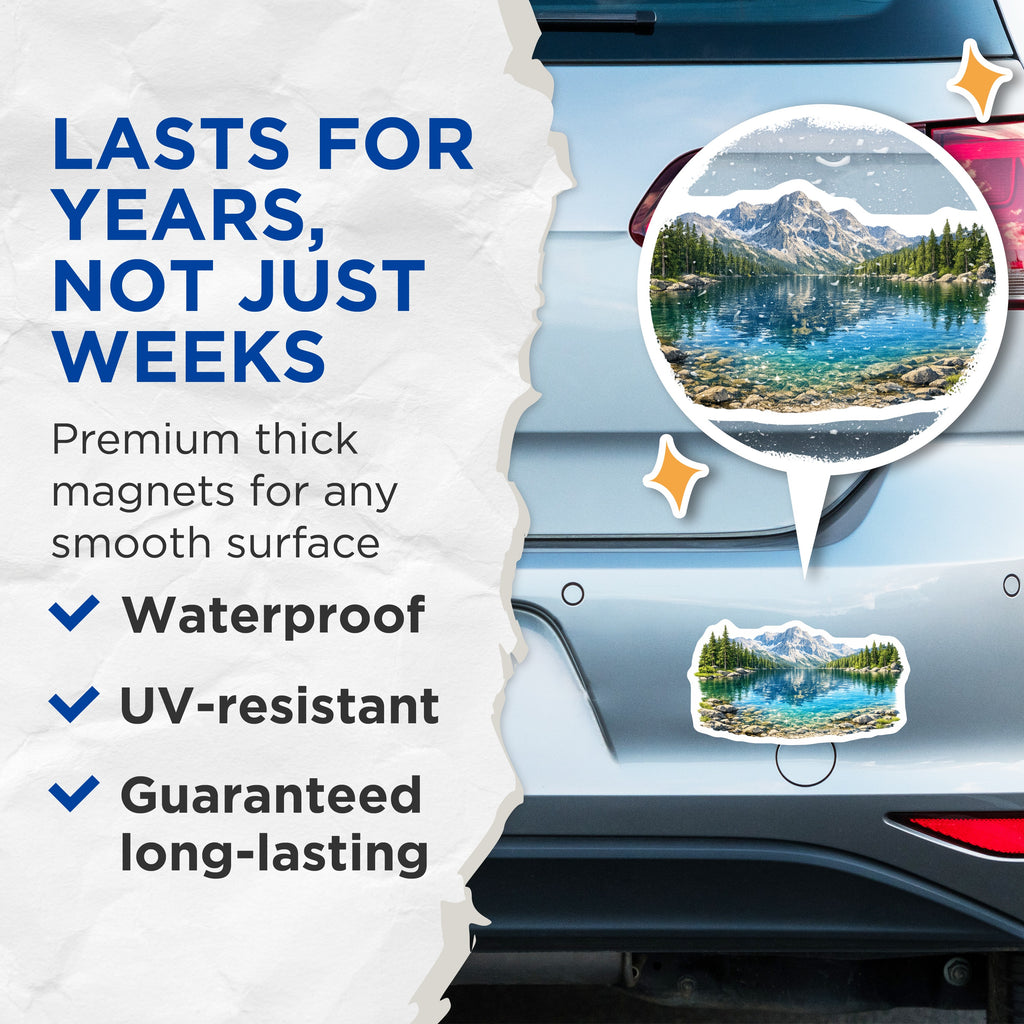 (2 Pack) Mountain Lake Magnets - Nature Landscape Refrigerator - Pine Forest Scene - Scenic View Adventure Outdoors Decor - 5 Inches On Longest Side - Thick Durable Magnet - Made in USA - MAG38861