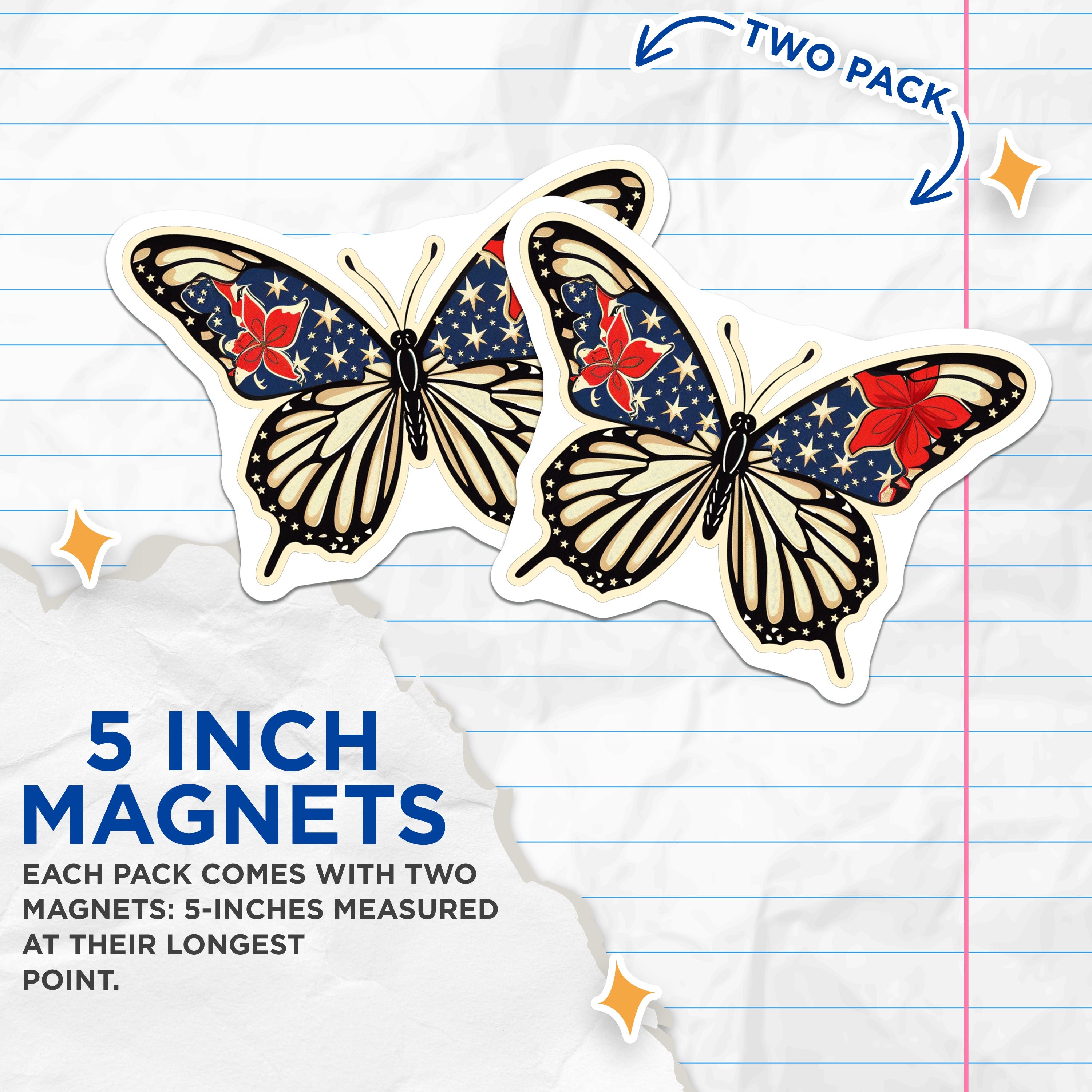 (2 Pack) Patriotic Butterfly Magnets - Americana Star Floral Decor - Summer Refrigerator Accent - 5 Inches On Longest Side - Thick Durable Magnet - Made in USA - MAG39628