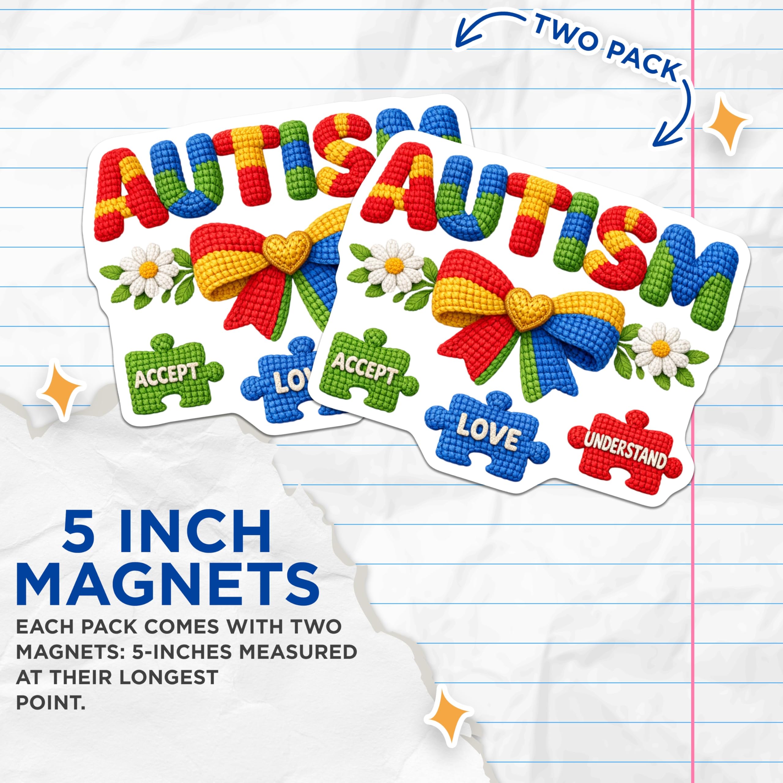 (2 Pack) Autism Awareness Magnets - Neurodiversity Support Decor - Puzzle Piece Acceptance Love Understanding - 5 Inches On Longest Side - Thick Durable Magnet - Made in USA - MAG22548