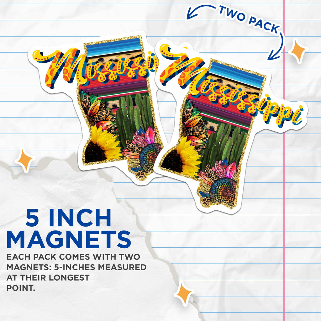 (2 Pack) Mississippi State Magnets - Sunflower Decor - Southwestern Style - 5" On Longest Side - Premium Magnet - for Cars, Refrigerators, Toolboxes, Lockers - Made in USA - MAG18870