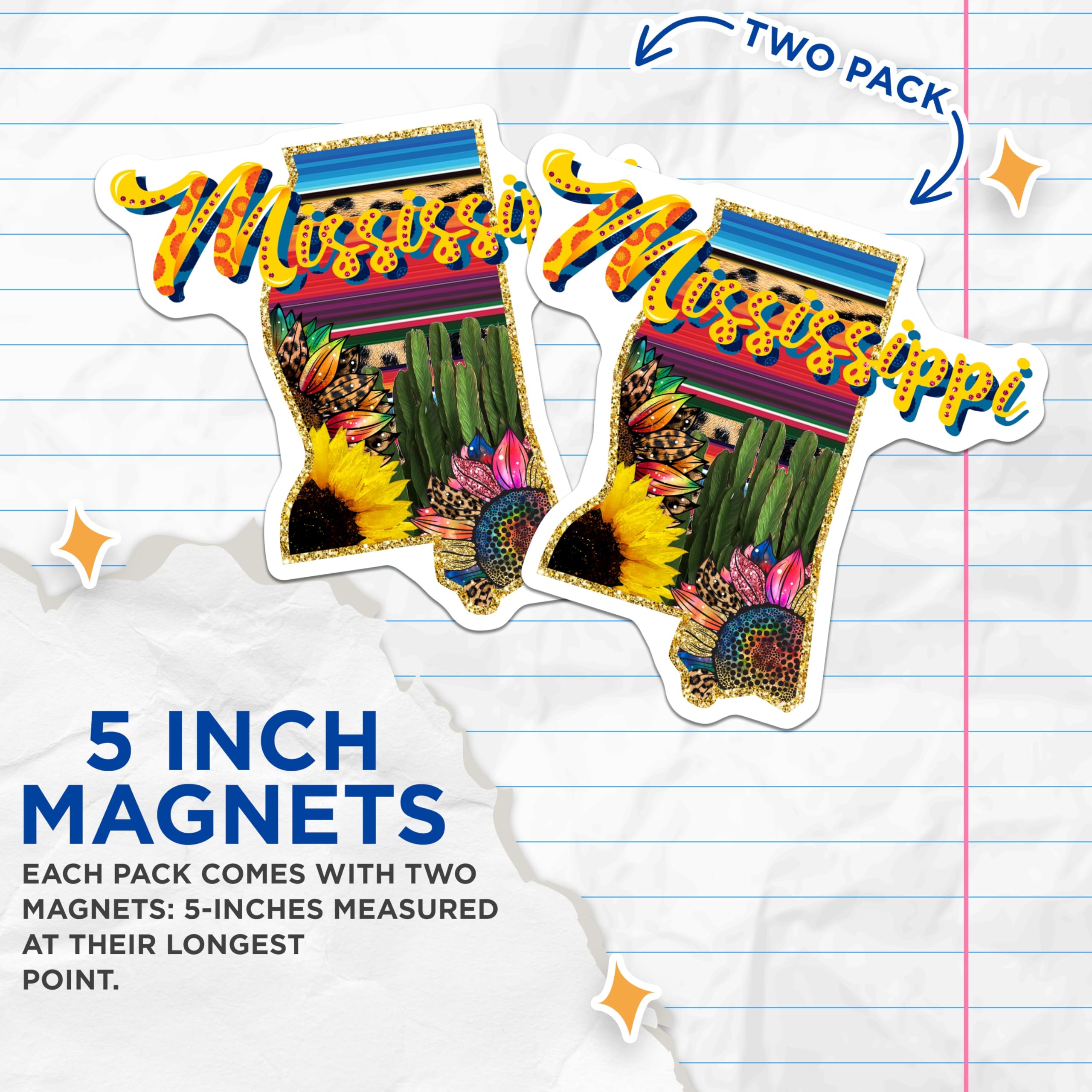 (2 Pack) Mississippi State Magnets - Sunflower Decor - Southwestern Style - 5" On Longest Side - Premium Magnet - for Cars, Refrigerators, Toolboxes, Lockers - Made in USA - MAG18870
