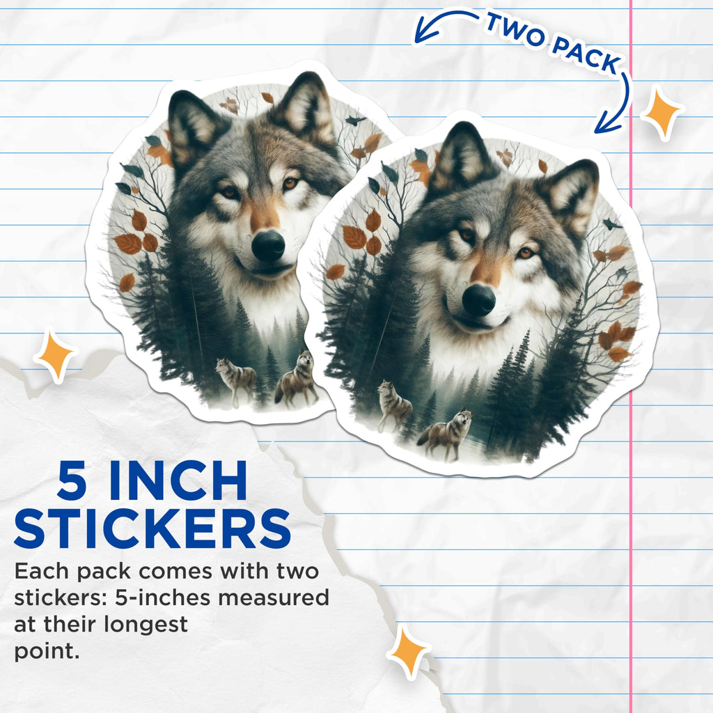 (2 Pack) Wolf Stickers - Forest Animal Stickers - Woodland Creature Decals - 5" On Longest Side - Sticks to Smooth Flat Surfaces - Made in USA - BMCS15161
