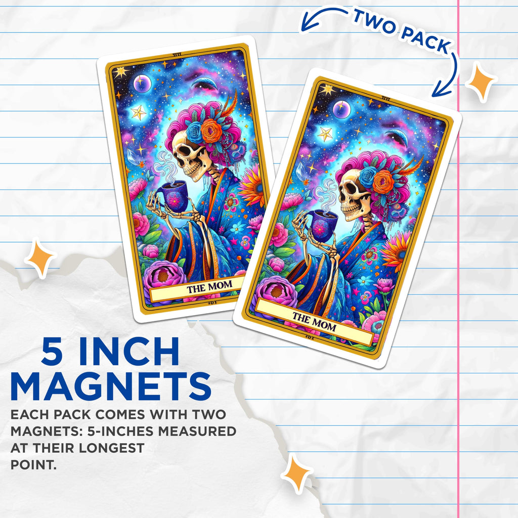 (2 Pack) Skeleton Mom Magnets - Coffee Lover Tarot Art - Vibrant Cosmic Aesthetic Decor - Unique Witchy Kitchen Accessories - 5 Inches On Longest Side - Thick Durable Magnet - Made in USA - MAG24692
