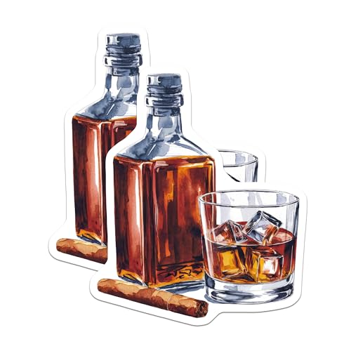 (2 Pack) Whiskey and Cigar Stickers - Drink Lover - Cocktail Bar Decor - 5" On Longest Side - Sticks to Smooth Flat Surfaces - Made in USA - BMCS6887