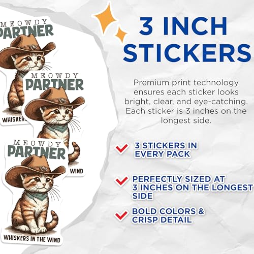 (3 Pack) Cowboy Cat Decals - Funny Cat Sticker - Kitten Laptop Decals - 3 Inches On Longest Side - Easy Peel & Apply - Made in USA - 3MCS4765