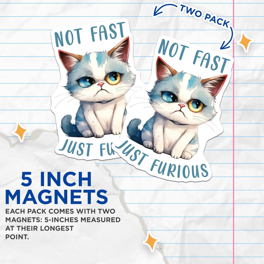 (2 Pack) Funny Cat Magnets - Not Fast Just Furious - Grumpy Kitten Refrigerator Magnets - 5" On Longest Side - Premium Magnet - for Cars, Refrigerators, Toolboxes, Lockers - Made in USA - MAG14377