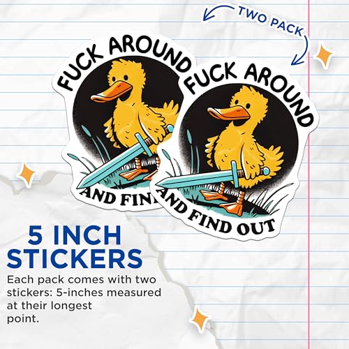 (2 Pack) Funny Duck Warrior Stickers - Find Out Quote - Cool Duck Cartoon Decal - 5" On Longest Side - Sticks to Smooth Flat Surfaces - Made in USA - BMCS9963