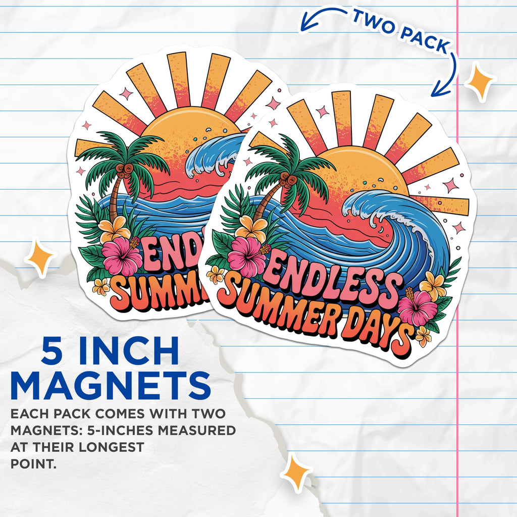 (2 Pack) Endless Summer Days Magnets - Tropical Beach Decor - Hibiscus Flower Fridge - 5" On Longest Side - Sticks to Smooth Flat Surfaces - Made in USA - MAG10476