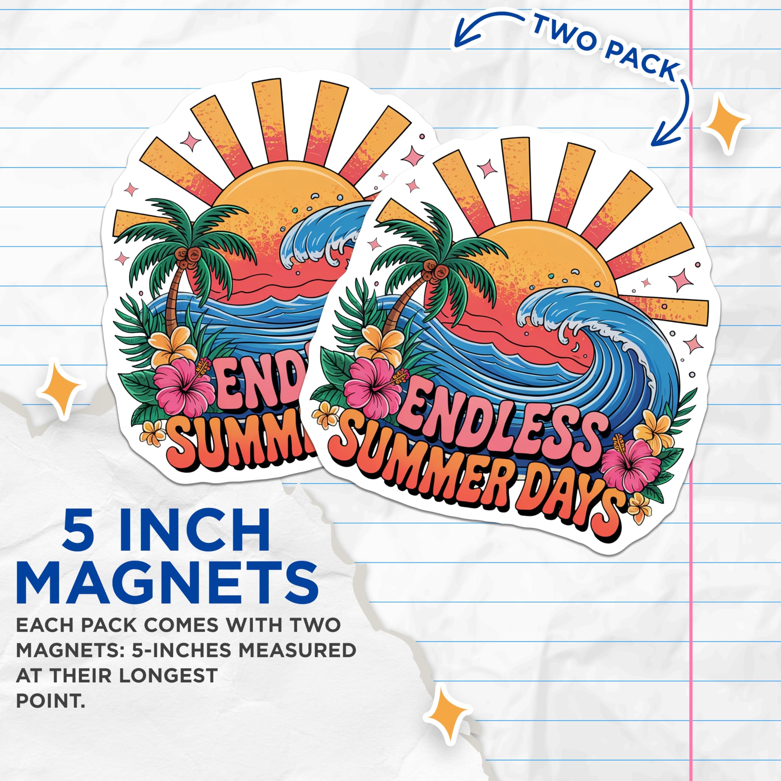 (2 Pack) Endless Summer Days Magnets - Tropical Beach Decor - Hibiscus Flower Fridge - 5" On Longest Side - Sticks to Smooth Flat Surfaces - Made in USA - MAG10476