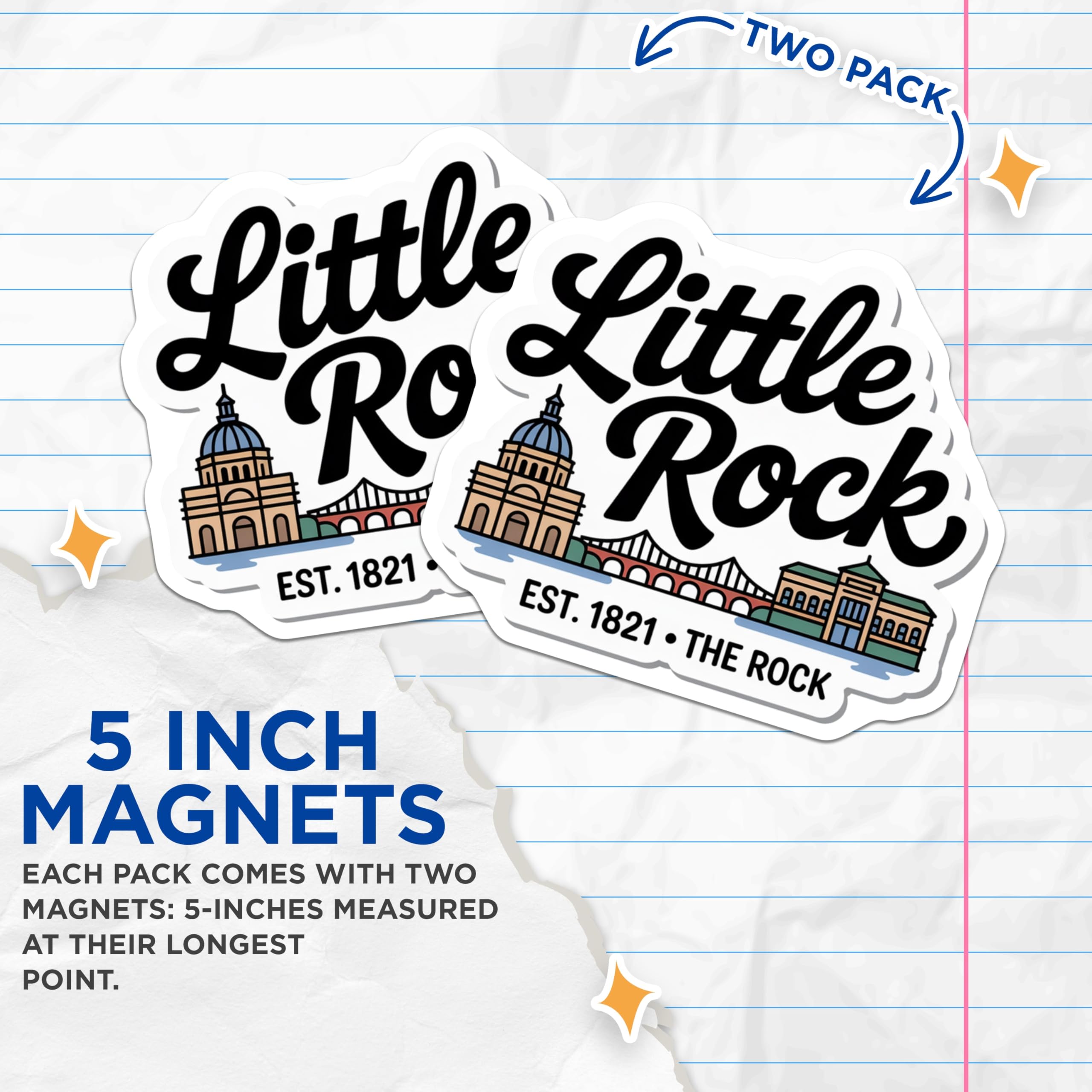 (2 Pack) Little Rock Magnets - Arkansas Souvenir - Cityscape Travel Memorabilia - 5" On Longest Side - Premium Magnet - for Cars, Refrigerators, Toolboxes, Lockers - Made in USA - MAG17999