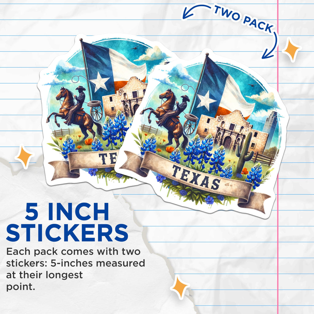 (2 Pack) Texas State Pride Stickers - Cowboy and Alamo - Bluebonnets and Lone Star - 5" On Longest Side - Sticks to Smooth Flat Surfaces - Made in USA - BMCS7074