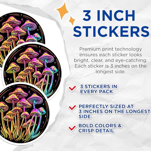 (3 Pack) Mushroom Decals - Psychedelic Art - Laptop Decals- 3 Inches On Longest Side - Easy Peel & Apply - Made in USA - 3MCS5653