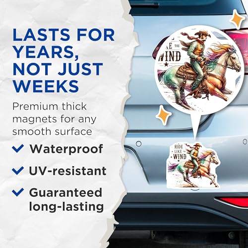(2 Pack) Ride Like The Wind Magnets - Wild West Theme - Cowboy Horse Rider Art - 5" On Longest Side - for Cars, Fridges, Toolboxes - Made in USA - MAG6920