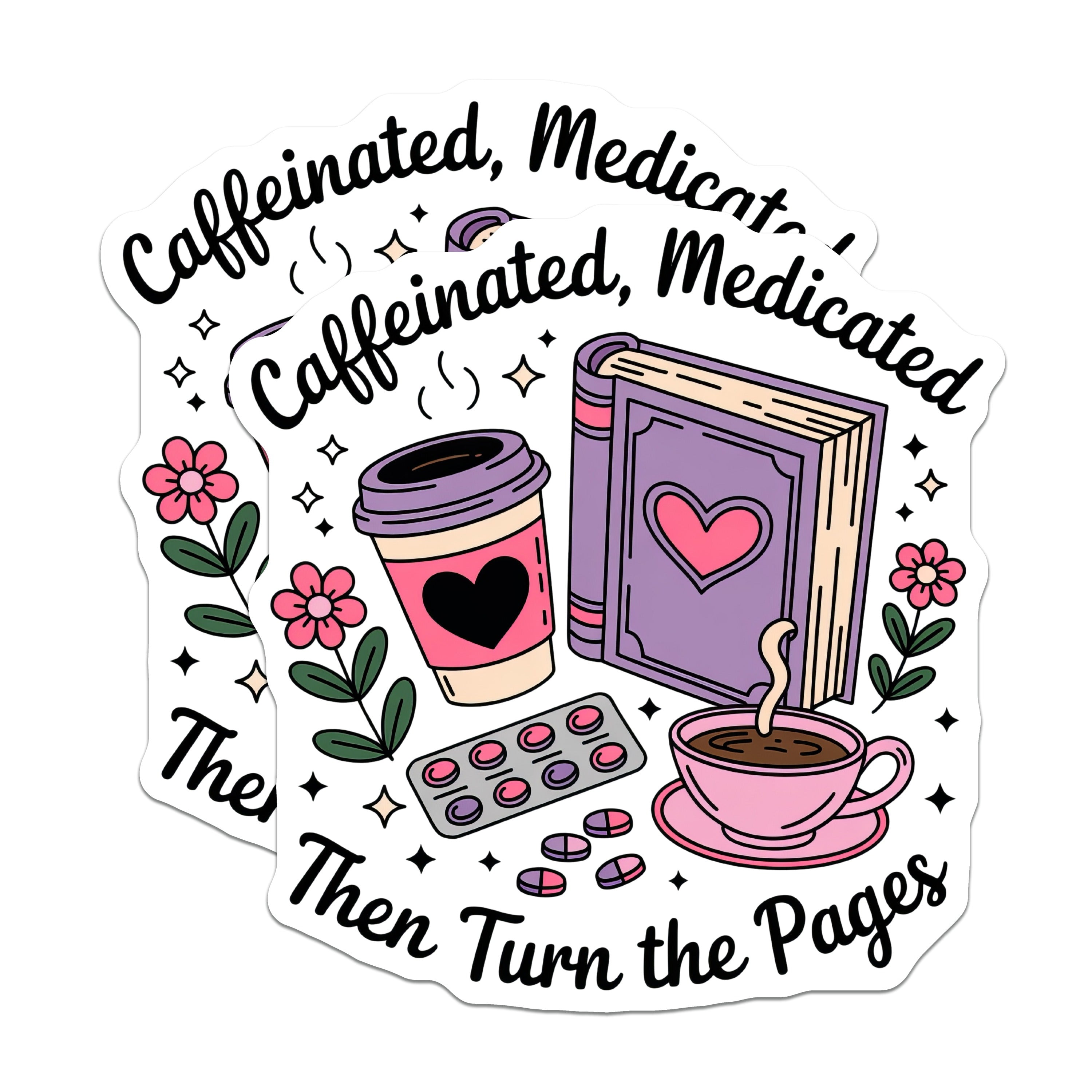 (2 Pack) Caffeinated Medicated Magnets - Book Lover Reader Decor - Self Care Vibes Fridge - 5 Inches On Longest Side - Thick Durable Magnet - Made in USA - MAG39162