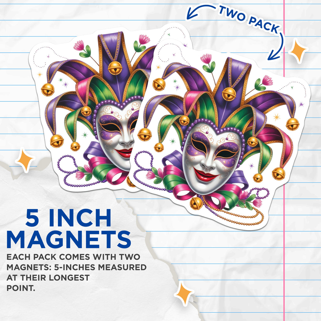 (2 Pack) Mardi Gras Jester Mask Magnets - Carnival Party Decorations - New Orleans Festive Decor - 5 Inches On Longest Side - Thick Durable Magnet - Made in USA - MAG36456