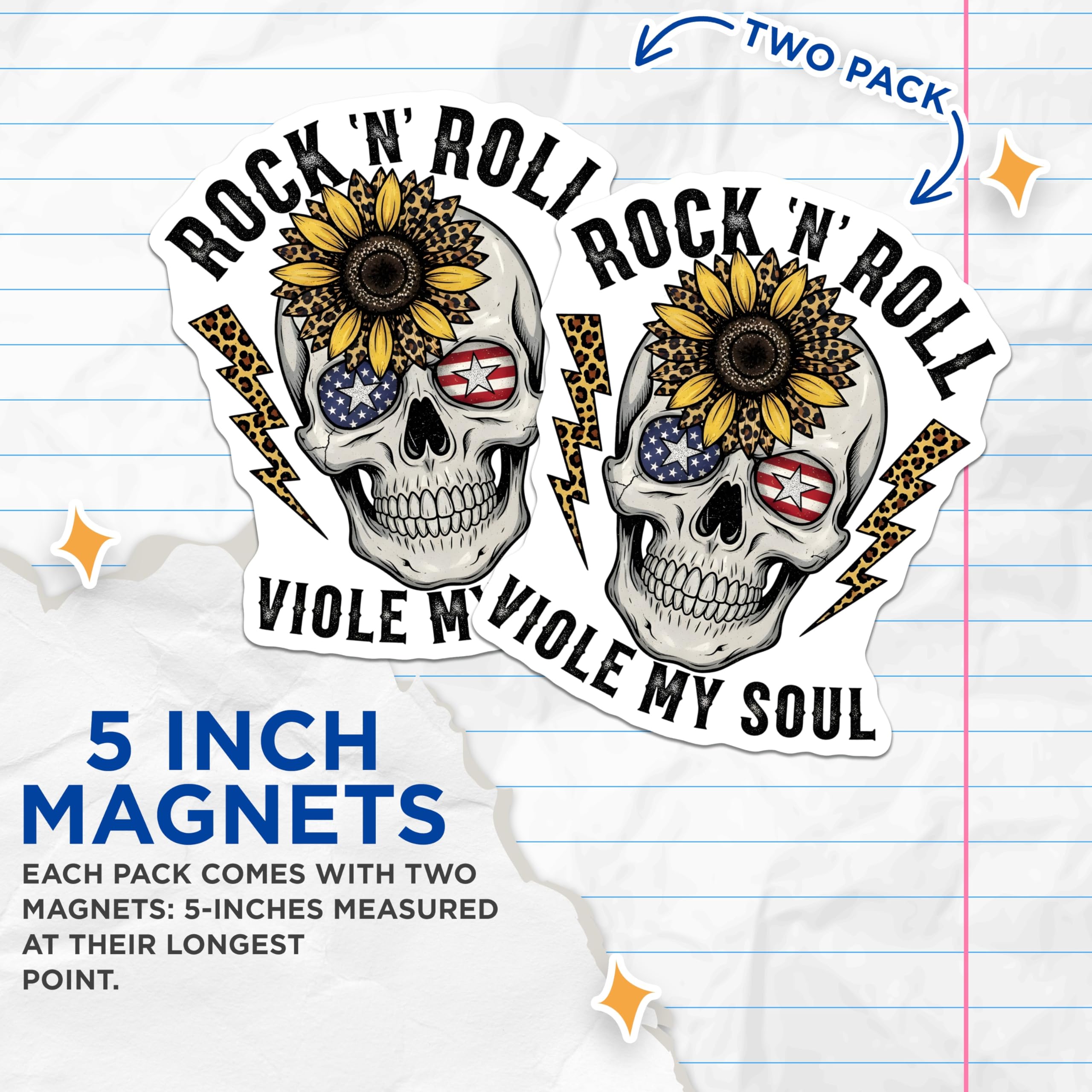 (2 Pack) Skull Sunflower Magnets - Rock n Roll American Flag - Leopard Lightning Bolt - 5" On Longest Side - Premium Magnet - for Cars, Refrigerators, Toolboxes, Lockers - Made in USA - MAG18124