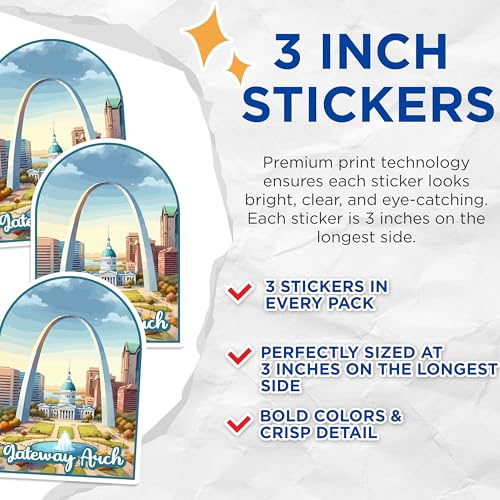 (3 Pack) Gateway Arch Decals - Saint Louis Landmark - Laptop Decals - 3 Inches On Longest Side - Easy Peel & Apply - Made in USA - 3MCS0401