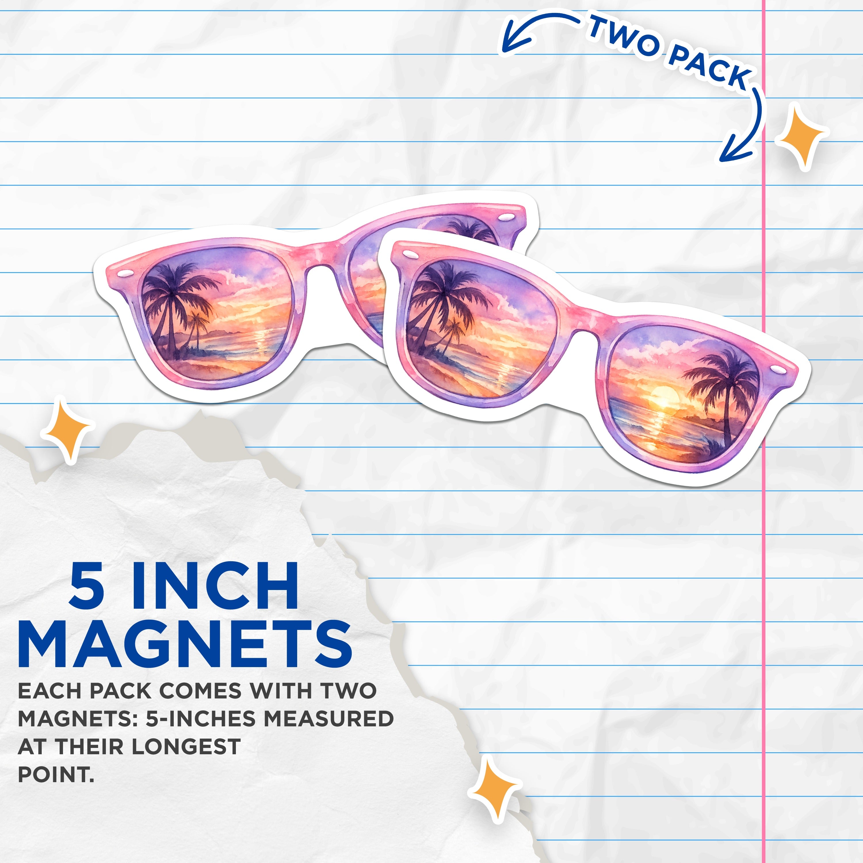 (2 Pack) Tropical Sunset Sunglasses Magnets - Beach Scene Refrigerator Decor - Vacation Wanderlust Art - 5 Inches On Longest Side - Thick Durable Magnet - Made in USA - MAG37732
