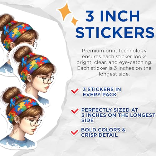 (3 Pack) Autism Awareness Decals - Puzzle Ribbon - Girl with Headband Decals- 3 Inches On Longest Side - Easy Peel & Apply - Made in USA - 3MCS5334