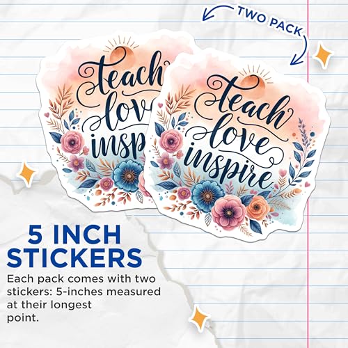 (2 Pack) Inspirational Quote Stickers - Teach Love Inspire Stickers - Motivational Teacher Stickers - 5" On Longest Side - Sticks to Smooth Flat Surfaces - Made in USA - BMCS4420