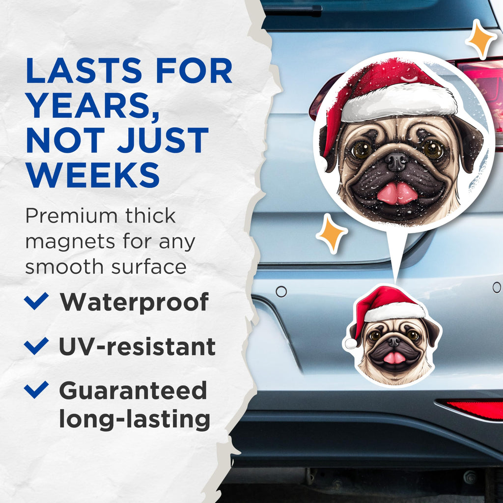 (2 Pack) Christmas Pug Magnets - Santa Dog Holiday - Fridge Magnets Pet - 5 Inches On Longest Side - Thick Durable Magnet - Made in USA - MAG24916