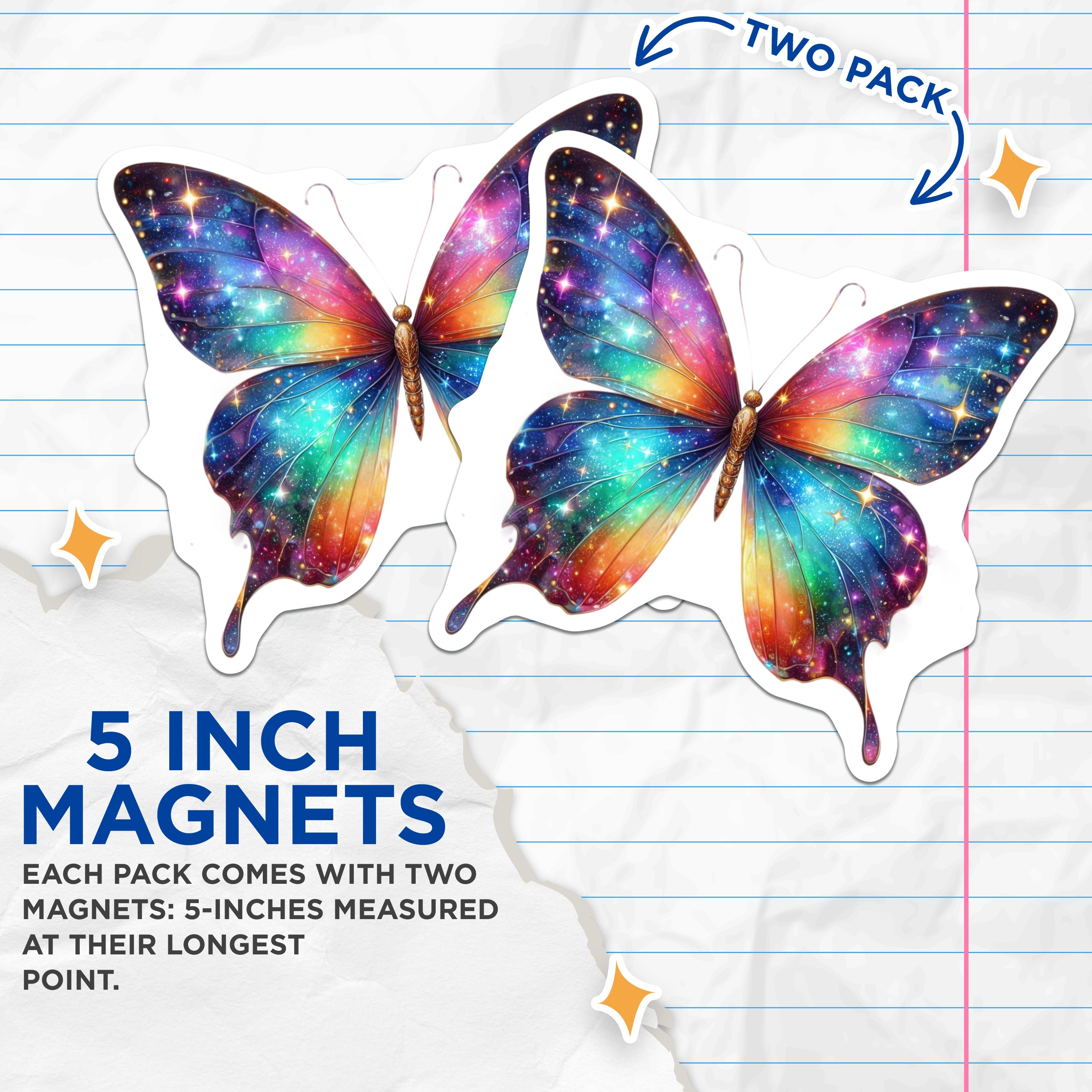 (2 Pack) Rainbow Galaxy Butterfly Magnets - Celestial Fridge Decor - Whimsical Locker Accent - Starry Wing Art - 5 Inches On Longest Side - Thick Durable Magnet - Made in USA - MAG39246