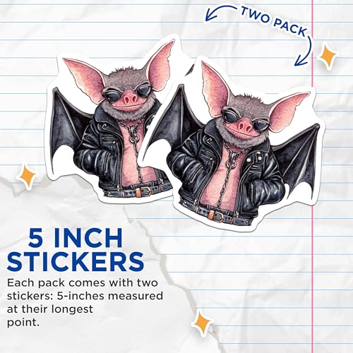 (2 Pack) Cool Bat Stickers - Biker Bat Decal - Bat Lover Gift - Rock n Roll Bat Sticker - 5" On Longest Side - Sticks to Smooth Flat Surfaces - Made in USA - BMCS9510