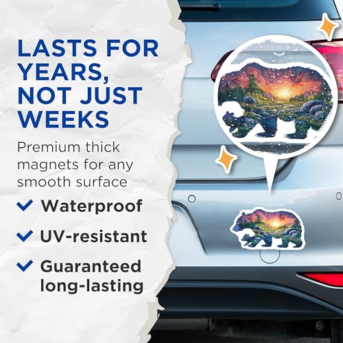 (2 Pack) Bear and Cub Magnets - Sunset Forest Scene - Animal Nature Art - 5" On Longest Side - for Cars, Fridges, Toolboxes - Made in USA - MAG7275