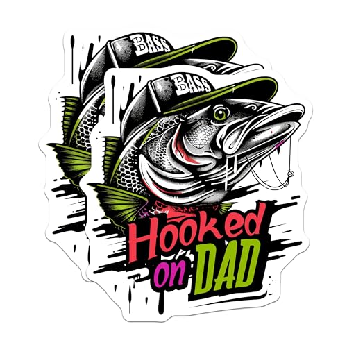 (2 Pack) Hooked on Dad Stickers - Fisherman Dad Stickers - Bass Fishing Dad Stickers - 5" On Longest Side - Sticks to Any Smooth Flat Surface - Made in USA - BMCS3492