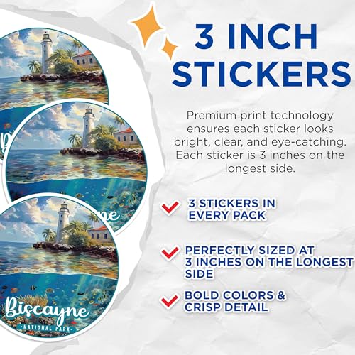 (3 Pack) Biscayne Decals - National Park - Laptop Decal - Coastal Sticker - Tropical Decal - 3 Inches On Longest Side - Easy Peel & Apply - Made in USA - 3MCS0459
