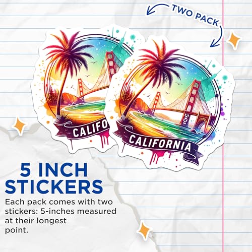 (2 Pack) California Sunset Stickers - Beach Landscape - Golden Gate Bridge Stickers - 5" On Longest Side - Sticks to Smooth Flat Surfaces - Made in USA - BMCS6906