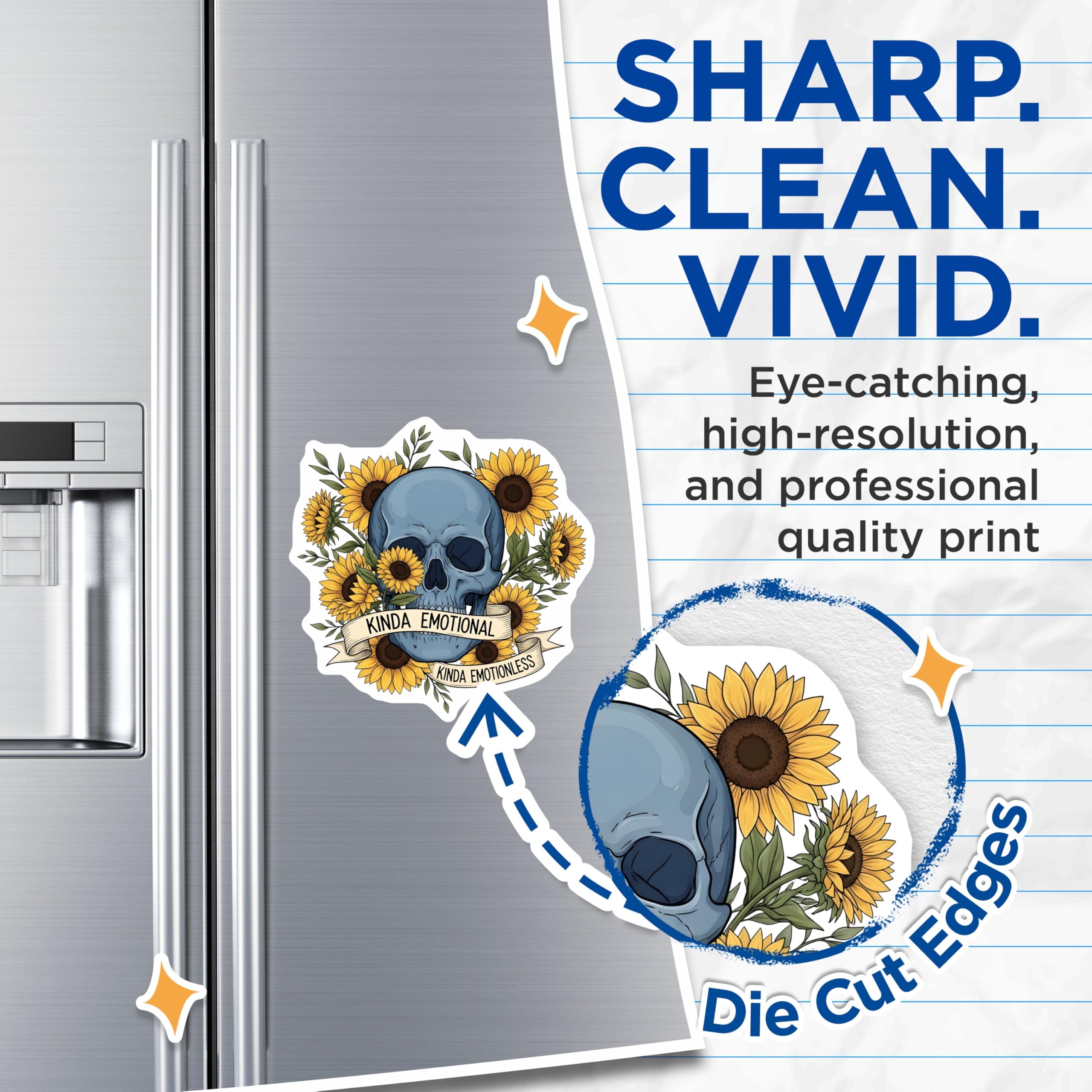 (2 Pack) Skull with Sunflowers Magnets - Kinda Emotional Kinda Emotionless Art - Dark Botanical Fridge Locker Decor - 5 Inches On Longest Side - Thick Durable Magnet - Made in USA - MAG19276