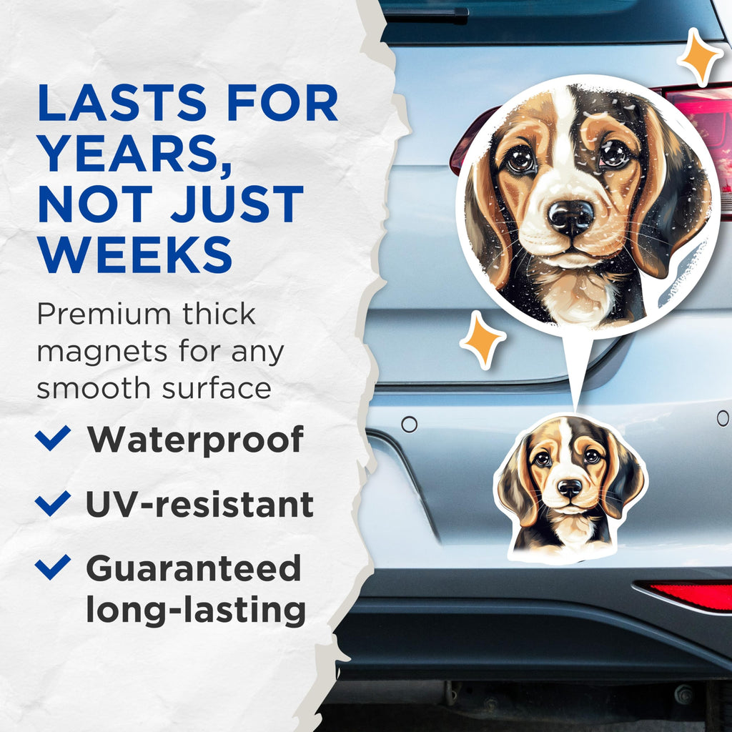 (2 Pack) Cute Beagle Puppy Magnets - Dog Lover Kitchen Decor - Pet Parent Refrigerator Art - 5 Inches On Longest Side - Thick Durable Magnet - Made in USA - MAG26532