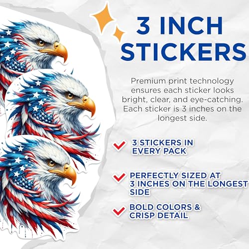 (3 Pack) Patriotic Eagle Decals - American Flag Eagle - Laptop Decals - 3 Inches On Longest Side - Easy Peel & Apply - Made in USA - 3MCS0987