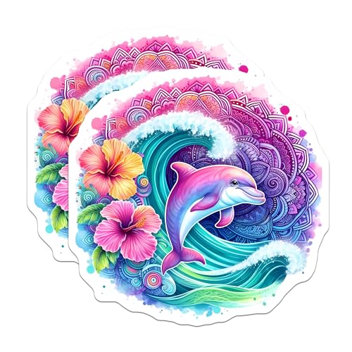 (2 Pack) Dolphin Hibiscus Stickers - Ocean Wave Art - Colorful Mandala Design Decals - 5" On Longest Side - Sticks to Smooth Flat Surfaces - Made in USA - BMCS9481