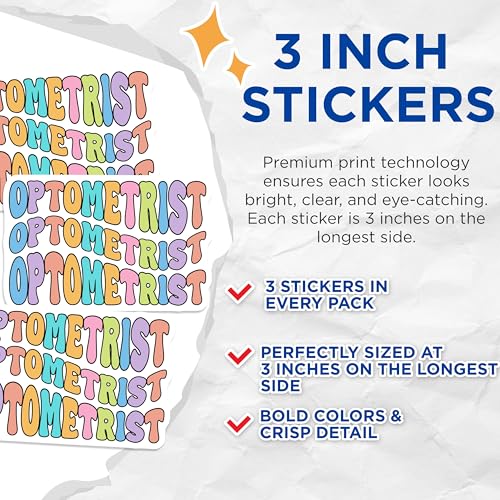 (3 Pack) Optometrist Decals - Eye Doctor - Colorful Laptop Decals - 3 Inches On Longest Side - Easy Peel & Apply - Made in USA - 3MCS6855