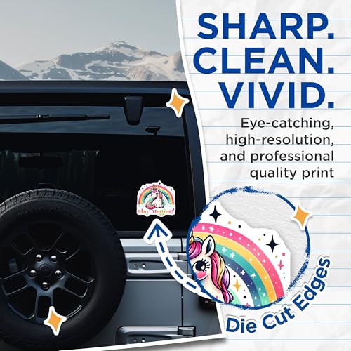 (2 Pack) Cute Unicorn Stickers - Stay Magical - Rainbow Unicorn Decal Decoration - 5" On Longest Side - Sticks to Smooth Flat Surfaces - Made in USA - BMCS8072
