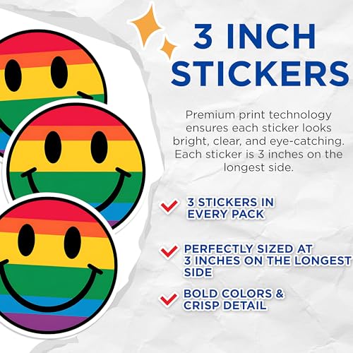 (3 Pack) Rainbow Smiley Face Decals - Pride Month - Happy LGBTQ Laptop Decal - 3 Inches On Longest Side - Easy Peel & Apply - Made in USA - 3MCS2678