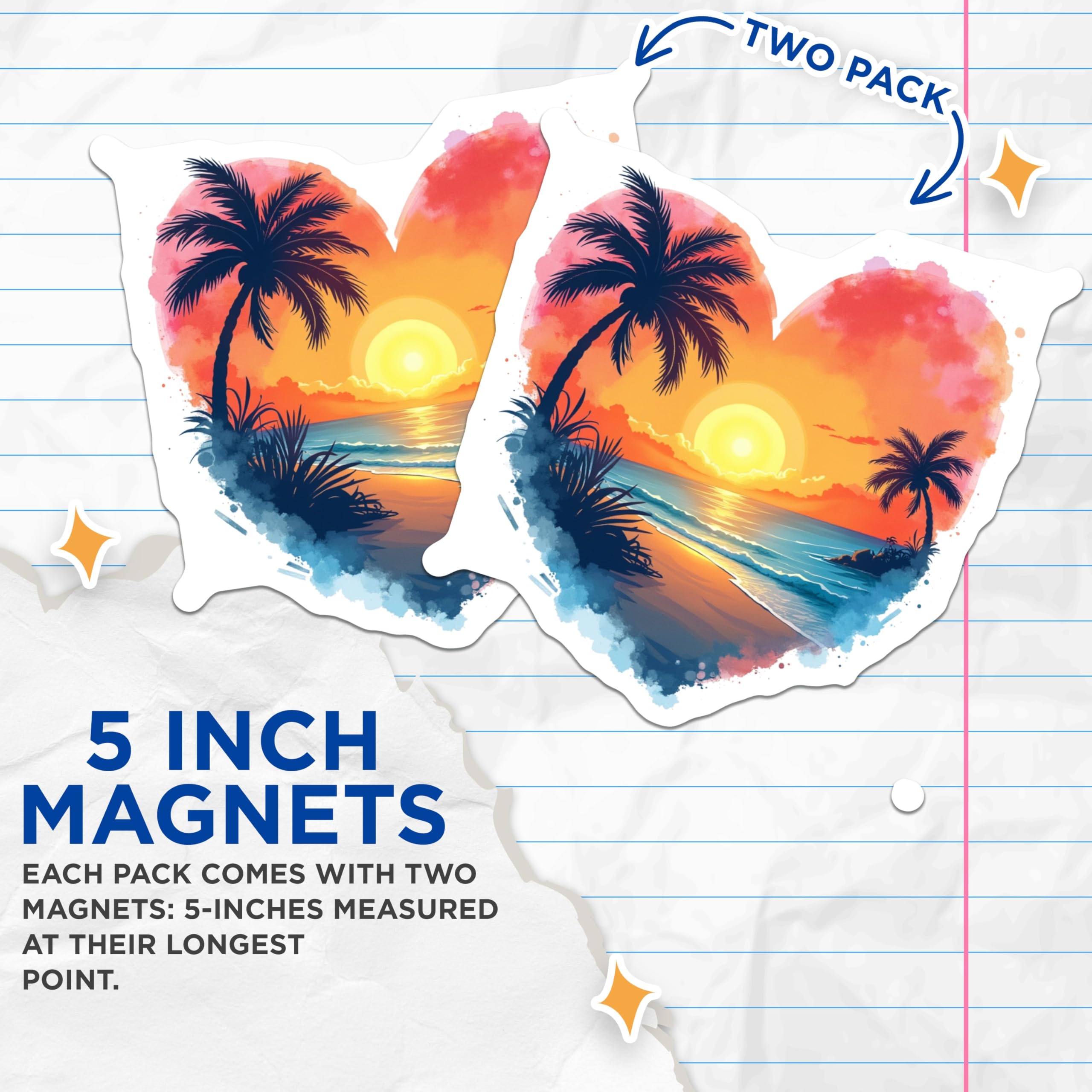 (2 Pack) Tropical Sunset Magnets - Heart Shaped Beach Art - Palm Tree Ocean Scene Decoration - Summer Vacation Fridge Magnets - 5 Inches On Longest Side - Thick Durable Magnet - Made in USA - MAG23682