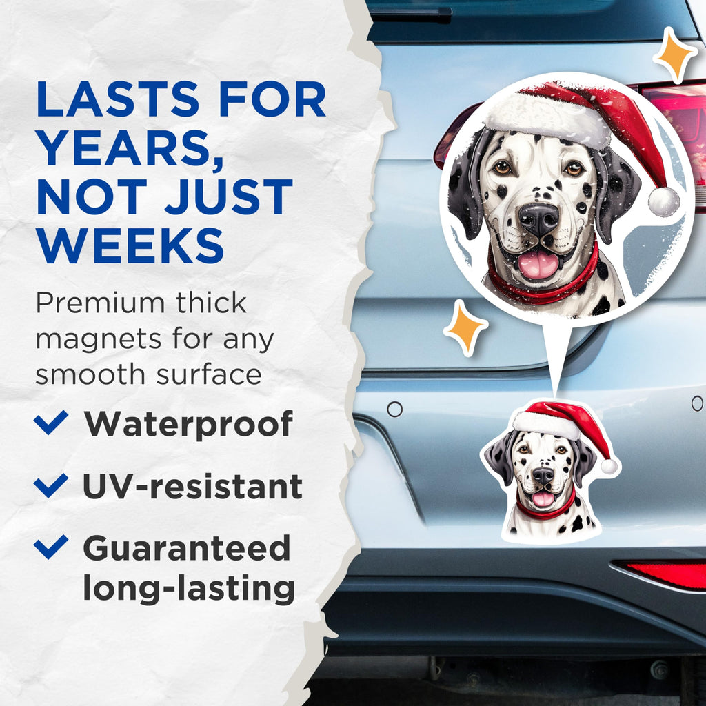 (2 Pack) Santa Hat Dalmatian Magnets - Christmas Dog Holiday Decor - Pet Owner Refrigerator Accessory - 5 Inches On Longest Side - Thick Durable Magnet - Made in USA - MAG25360