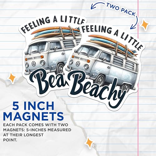 (2 Pack) Feeling A Little Beachy Magnets Magnets - Surfing Van Decor - Retro Coastal Style - 5" On Longest Side - Made in USA - Sticks to Refrigerators & Metal Surfaces - MAG9279