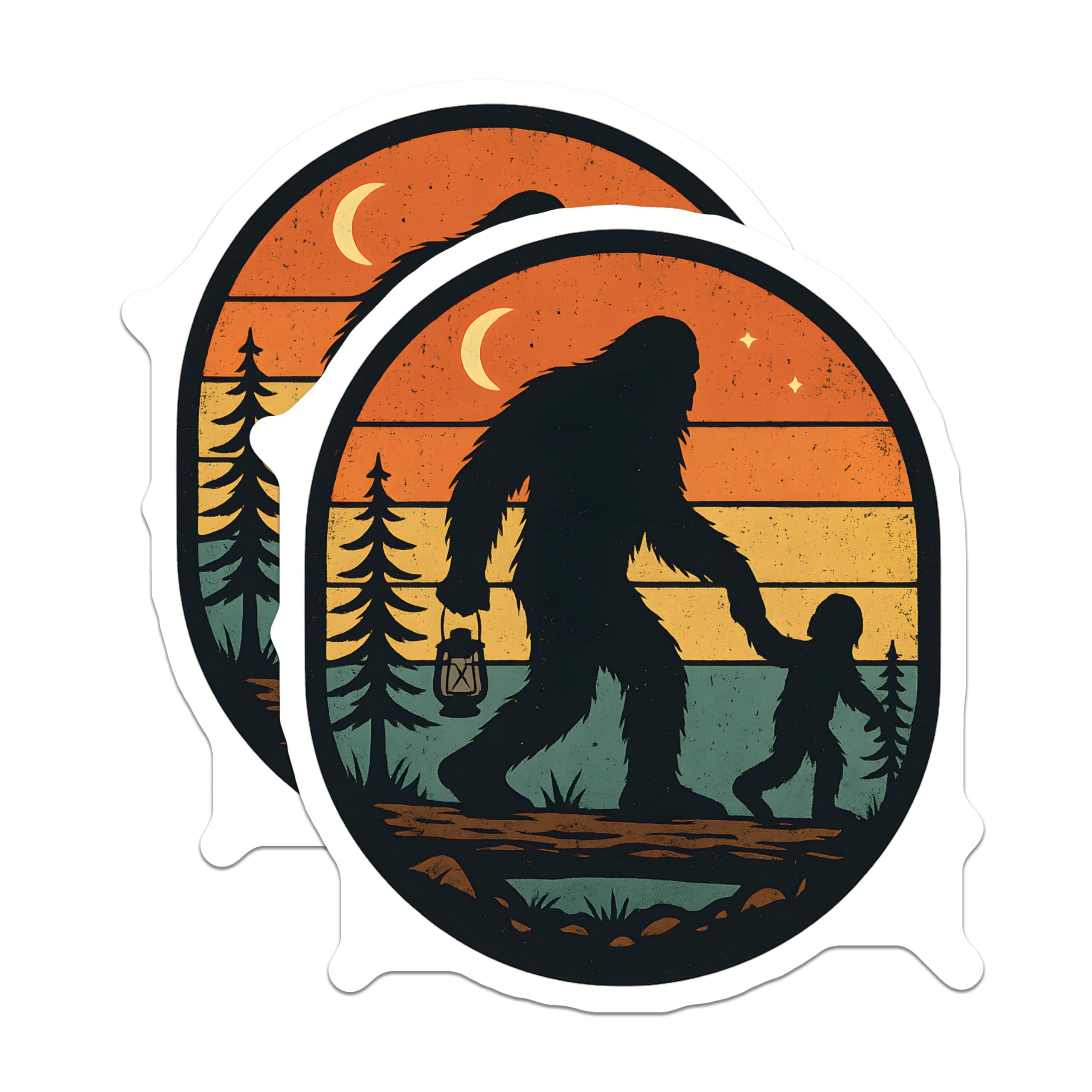 (2 Pack) Bigfoot Magnets - Sasquatch Father Child Forest Trekking Adventure Art - Retro Cryptozoology Kitchen Decor - 5 Inches On Longest Side - Thick Durable Magnet - Made in USA - MAG21495