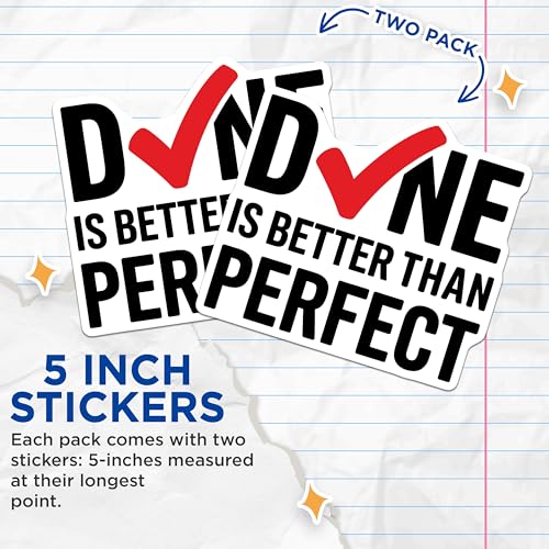 (2 Pack) Motivational Quote Stickers - Done is Better Than Perfect - Inspirational Vinyl Decal - 5" On Longest Side - Sticks to Smooth Flat Surfaces - Made in USA - BMCS6747
