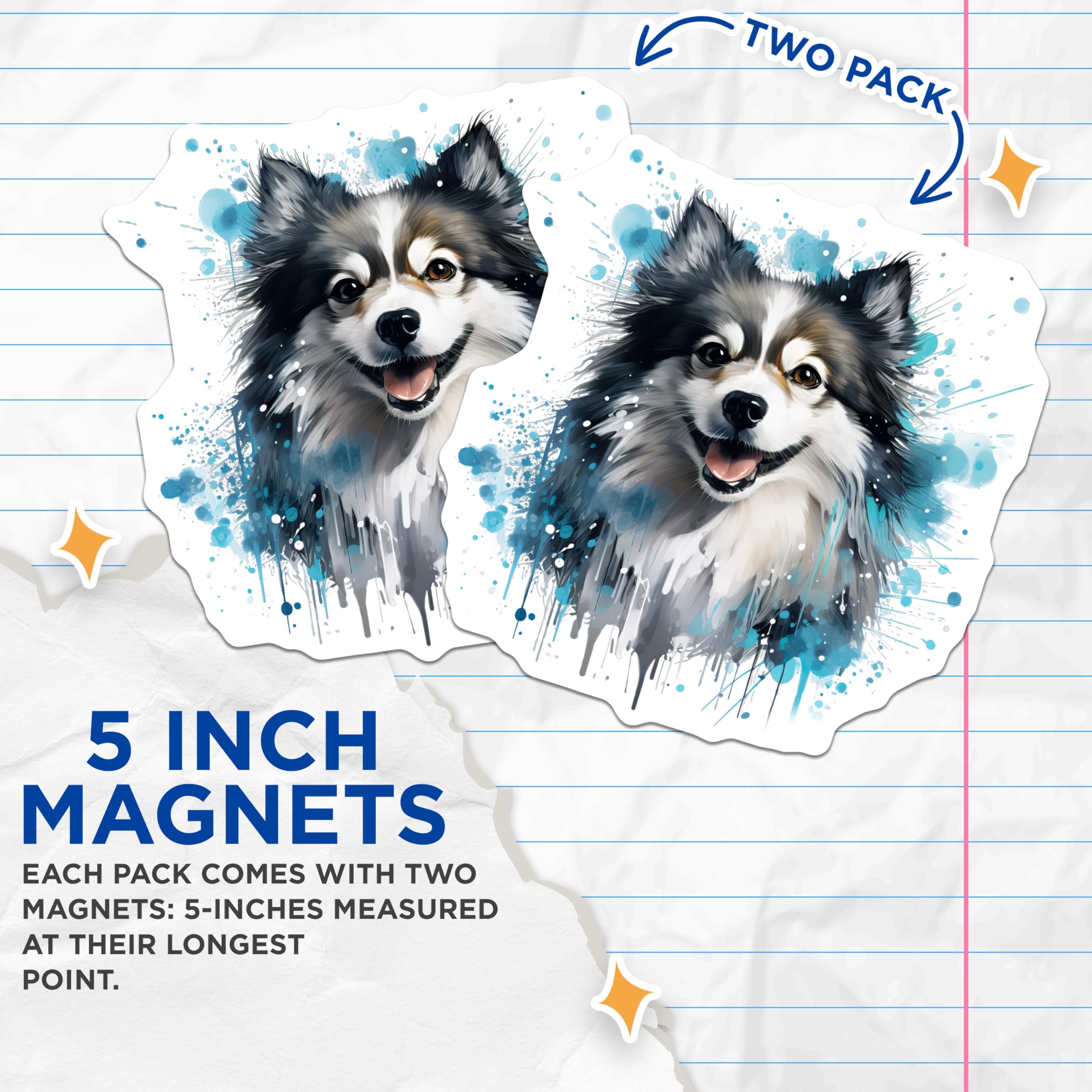 (2 Pack) Pomeranian Dog Magnets - Artistic Watercolor Splatter Pet Art - Smiling Canine Fridge Magnet Decor - 5 Inches On Longest Side - Thick Durable Magnet - Made in USA - MAG23709